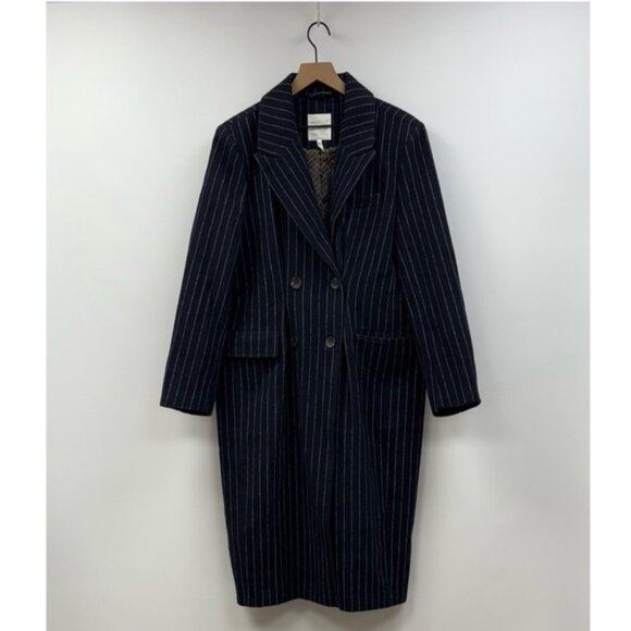 Anthropologie Avec Les Filles Pinstriped Double Breasted Trench Coat Navy XL - Picture 2 of 9